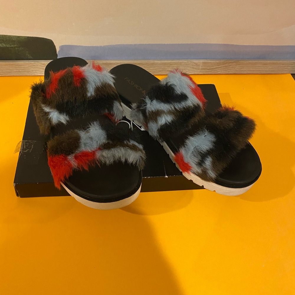Faux Fur Slide Sandals - Multicolor